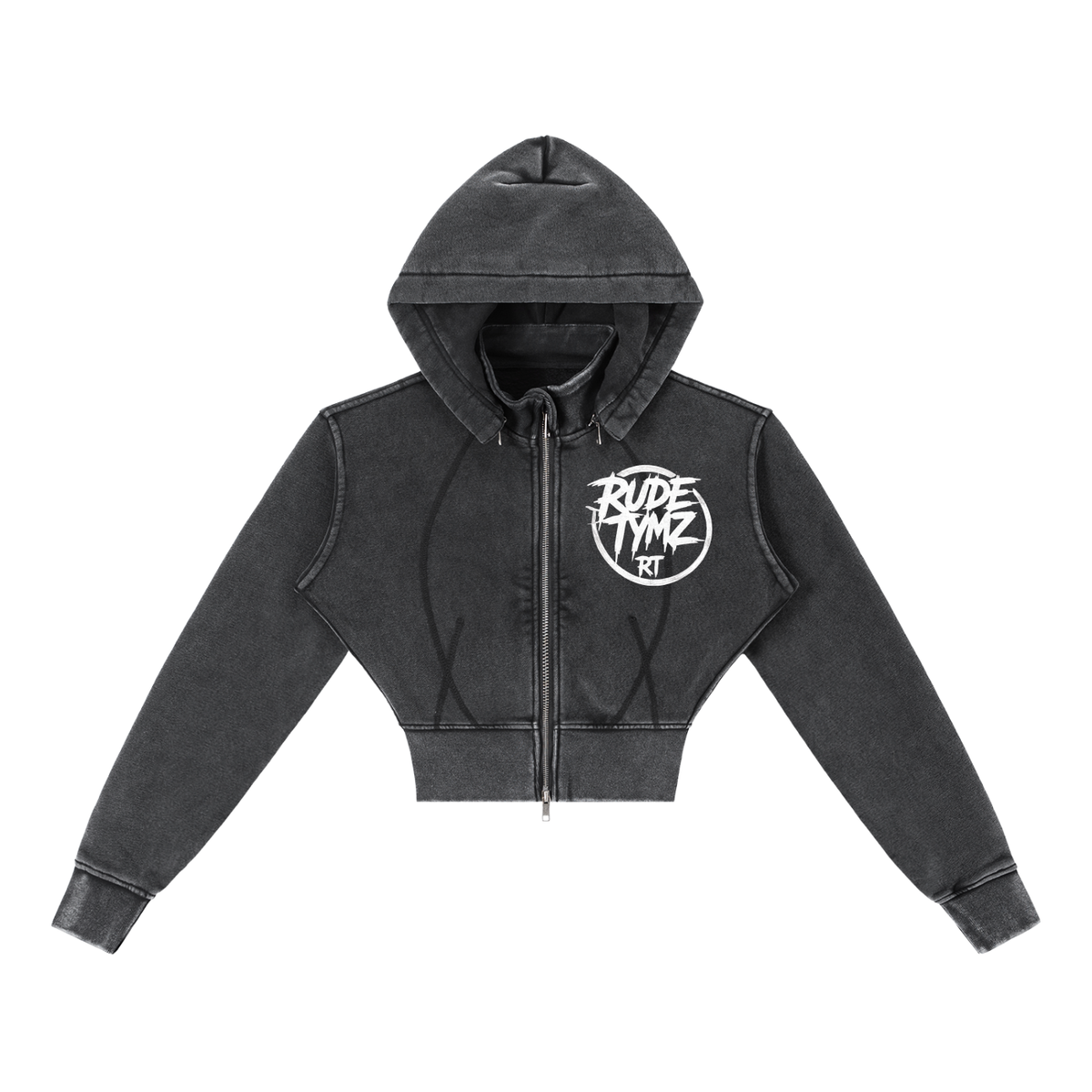 Rude Tymz Women's Washed Black Cropped Fleece Hoodie, front product view