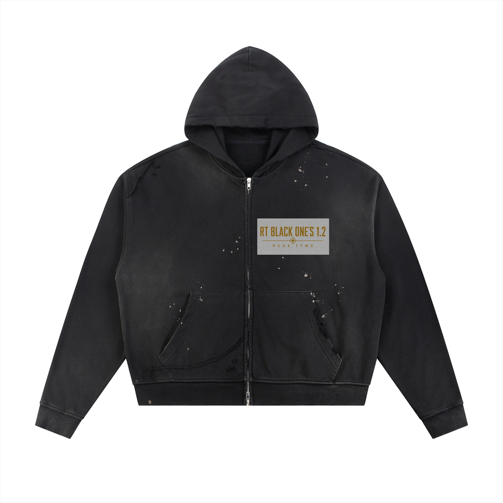 RT Black One’s 1.2 black distressed zip hoodie, front view