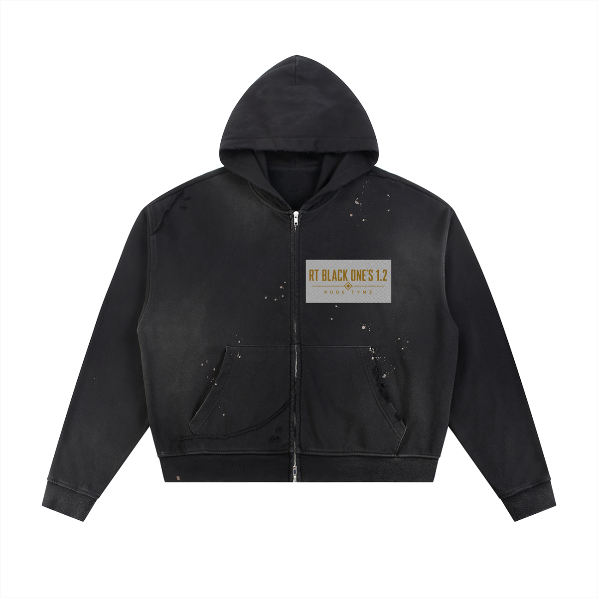 RT Black One’s 1.2 black distressed zip hoodie, front view