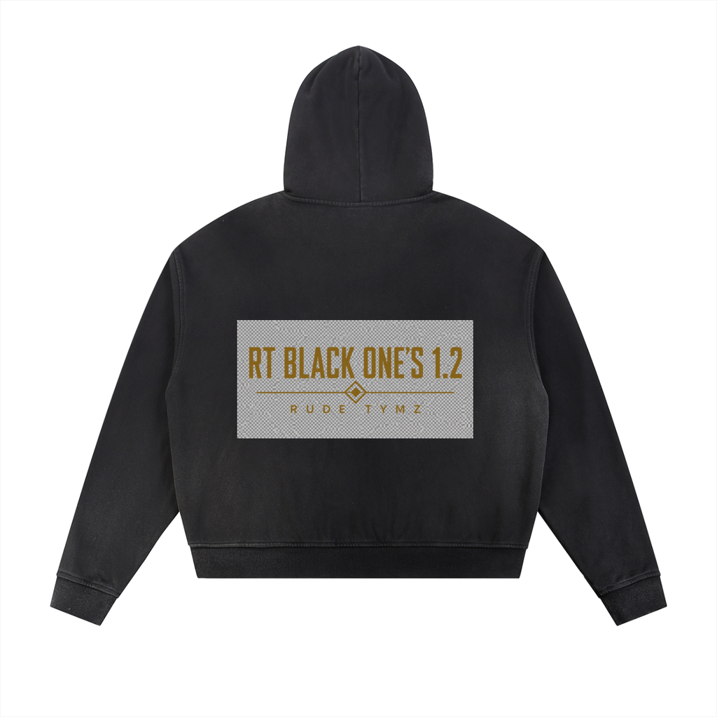 RT Black One’s 1.2 black distressed zip hoodie, back view