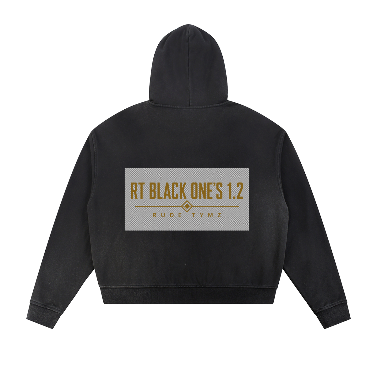 RT Black One’s 1.2 black distressed zip hoodie, back view